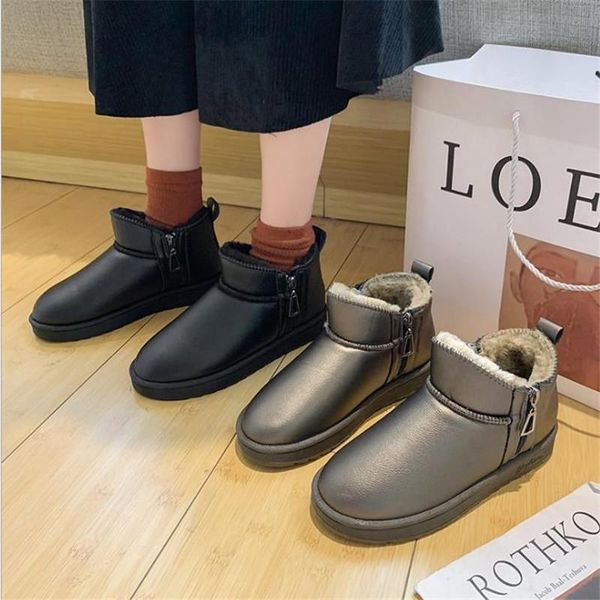 

boots leather short snow women 2021 winter korean plush thickened flat bottom one foot warm cotton shoes, Black