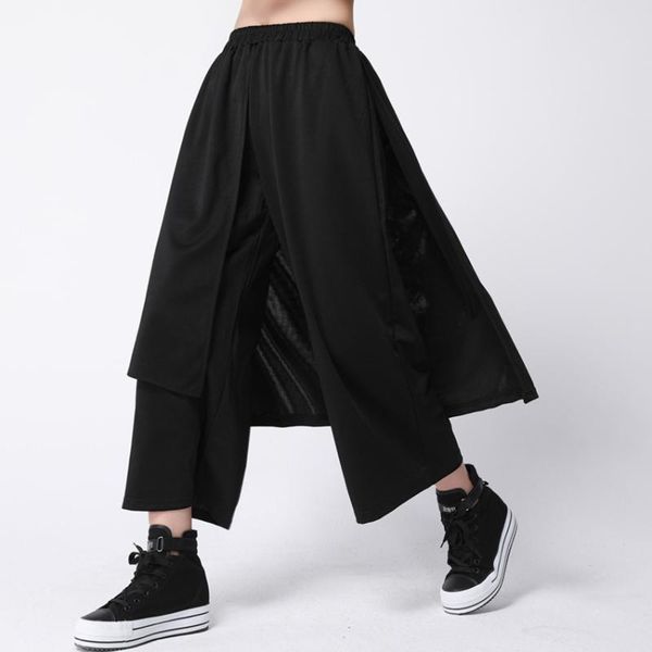 

women's pants & capris oshhplive casual false two solid capri-pants bottoms women punk elastic waist stitched high street, Black;white