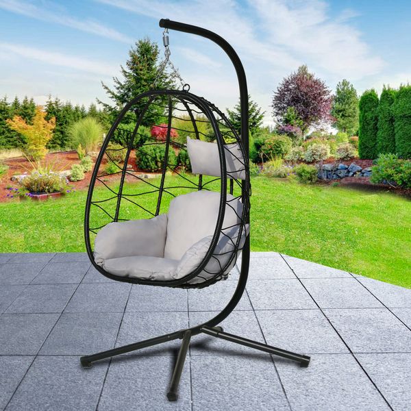 

swing egg chair, hammock chair, hanging chair, uv resistant cushion with steel stand, indoor outdoor patio porch lounge wicker rattan hand m