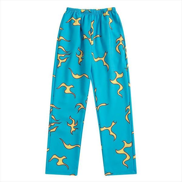 

Autumn Fashion Design Flame Print Womens Pants Blue Straight Full Length Elastic Waist Spring Ladies Trousers, Black;white