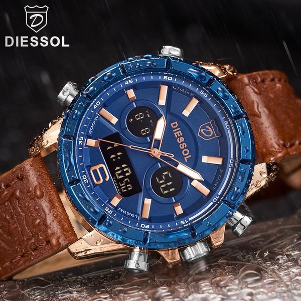 

wristwatches diessol watches men's analog quartz led digital watch men leather waterproof sport relogio masculino, Slivery;brown