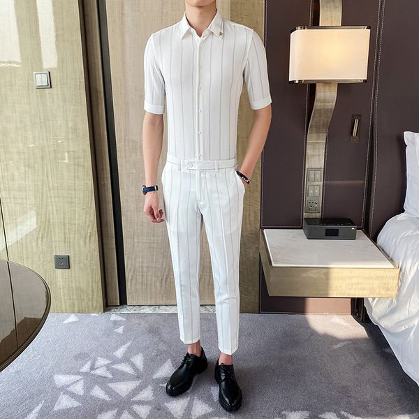 

mode 2021 new formal business summer sets wear half-sleeve striped shirts of casual men thin fitting men's suit 3xl- ra12, Gray