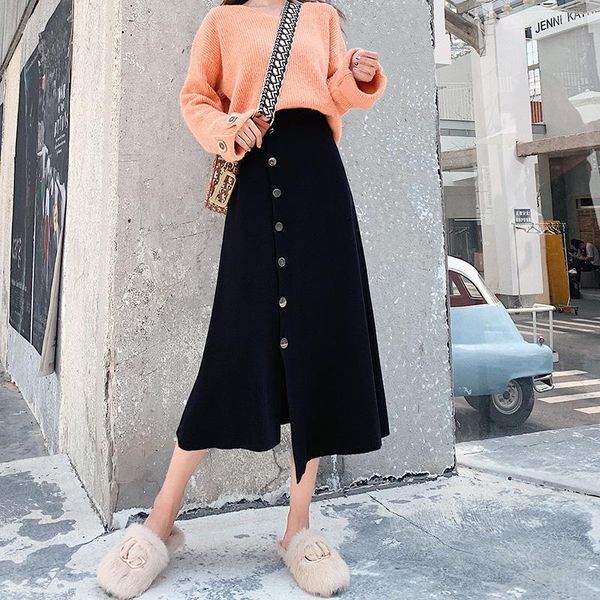 

werueruyu women knitted skirt autun button slim bodycon skirts elastic high waist pencil skirt ribbed long midi, Black