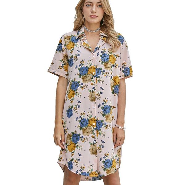 

women's blouses & shirts yoming ym026 fashion leaves print long turn-down collar short sleeve buttons style streetwear, White