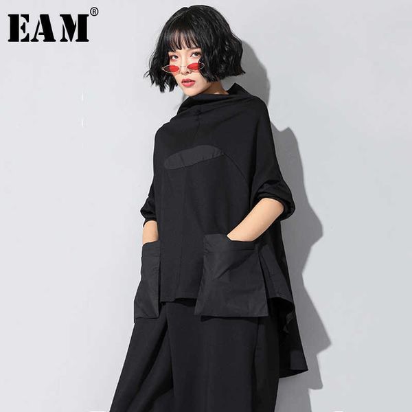 

[eam] spring autumn high collar long sleeve black loose pocket stitch irregular hem big size t-shirt women fashion jq018 210621, White