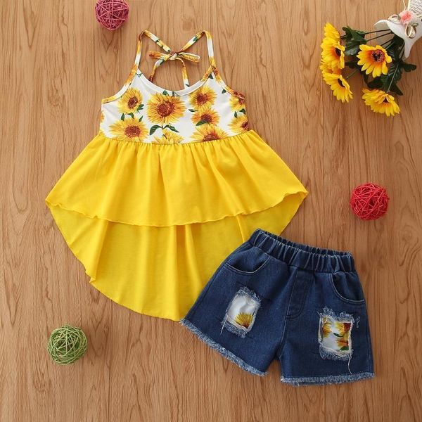 

clothing sets toddler baby girls sunflower print clothes set sleeveless irregular hem sling elastic waist ripped denim shorts summer1, White