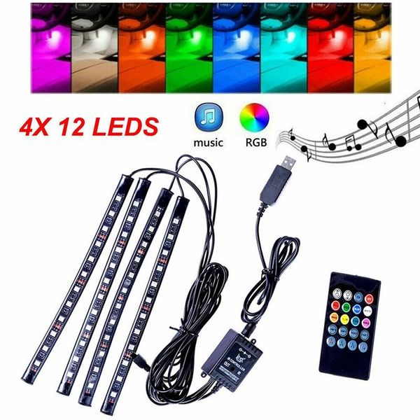 

4x 12 led car interior atmosphere neon light usb strip music control & ir remote