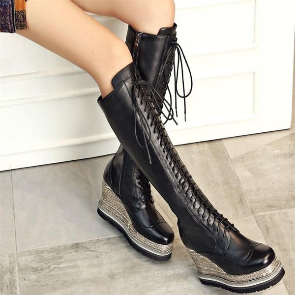 

boots women lace up straps genuine leather wedges high heel knee female stretchy fashion sneakers thigh pumps shoes, Black