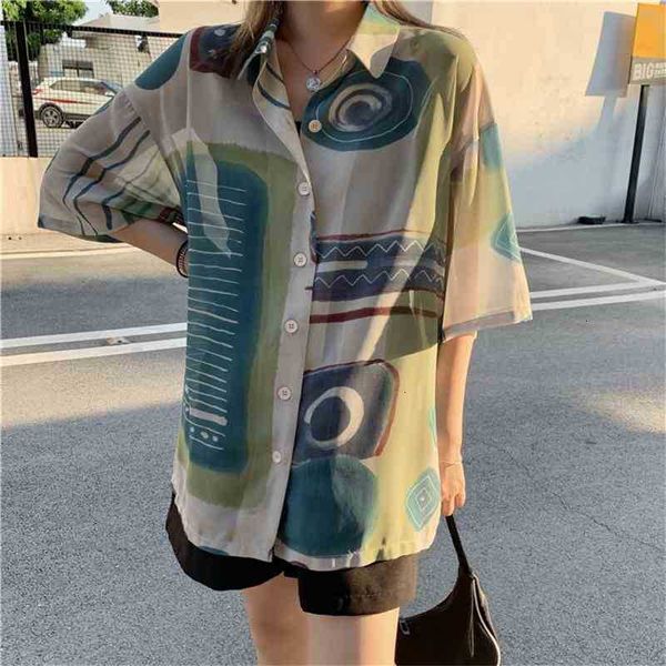 

women's two piece pants aesthetic geometric print loose women shirts blouses summer short sleeve button up designer shirt umwf, White