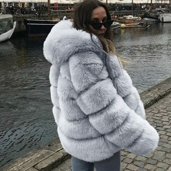 

women's fur & faux fashion coat with hood thick warm loose black white gray jacket long sleeve winter women plus size1