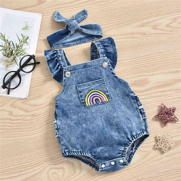 

newborn baby summer clothes toddler infant kids girls boys rainbow embroidery strap denim rompers jumpsuits soft casual outfits g220223, Blue