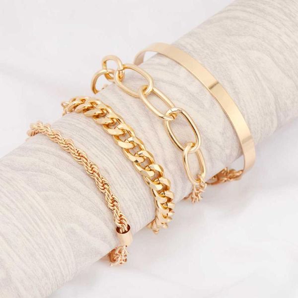 

4pcs/set women fashion electroplating bracelet punk curb jewelry cuban chain bracelets metal twisted rope hip hop chunky bangles, Black