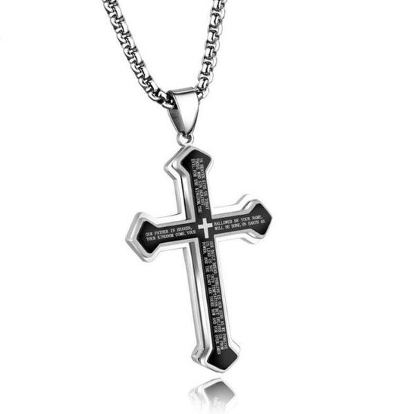 

pendant necklaces men's stainless steel cross necklace black multi layer bible text gothic punk pendants collar men boutique jewelry, Silver