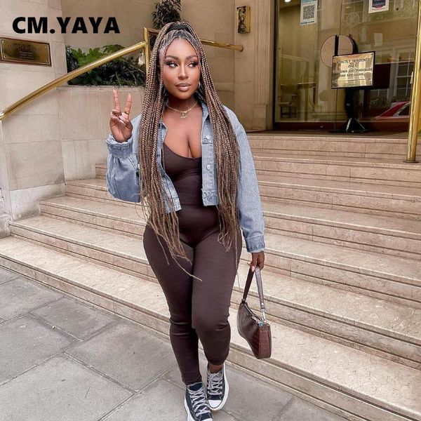 

women's jackets cm.yaya women denin full sleeve turn-down collar single breasted loose straight short coat fashion high streetwear fall, Black;brown