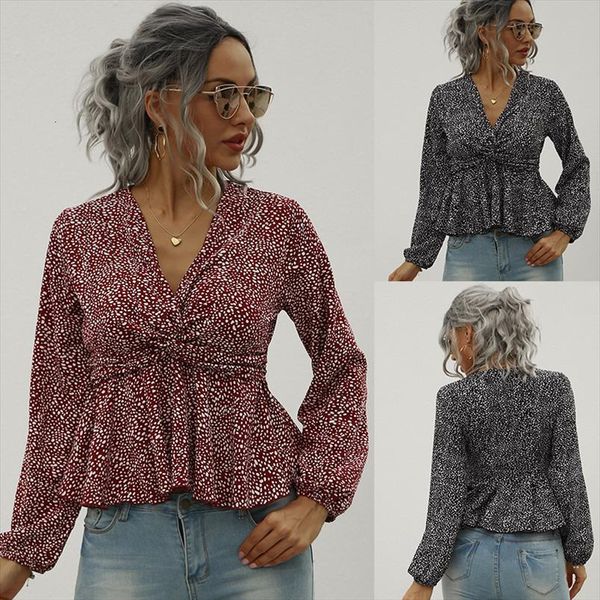 

fashion low cut red women shirts polka dot lantern sleeve and shirt fall, White