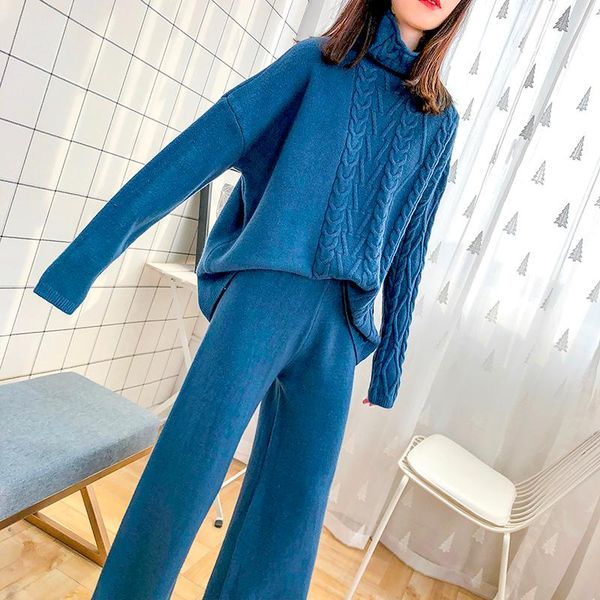 

autumn winter twist turtleneck sweater suit female 2021 trend fashion solid knitted pullover + wide leg pants 2 piece set, White