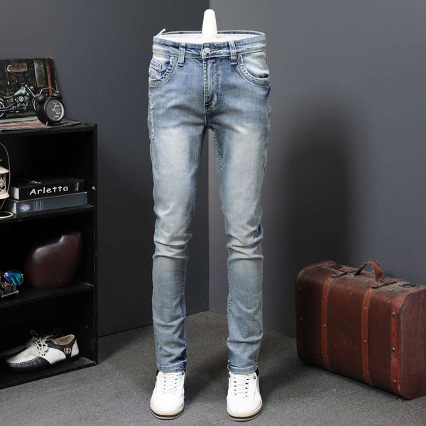 

spring and autumn stretch slim fit jeans men's feet fashion long pants nostalgic leisure young man, Blue