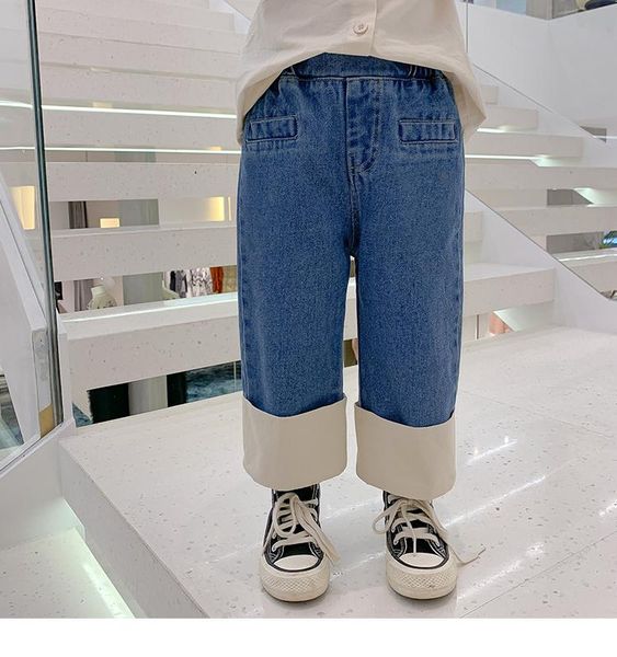 

new spring baby girls jeans kids clothes cotton loose comfortable long denim pants elasticated waist casual jeans for girls 2-8y, Blue