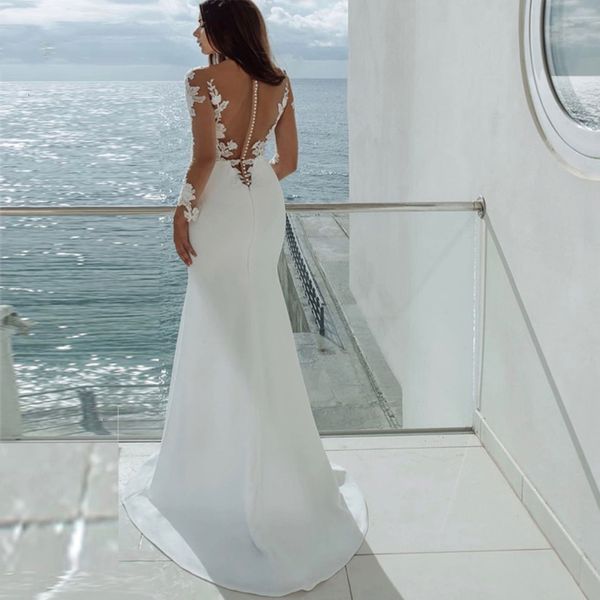 

ivory new elegant wedding es 2021 illusion scoop neck lace appliques long sleeve stain bridal gown vestido de noiva hmmp, White