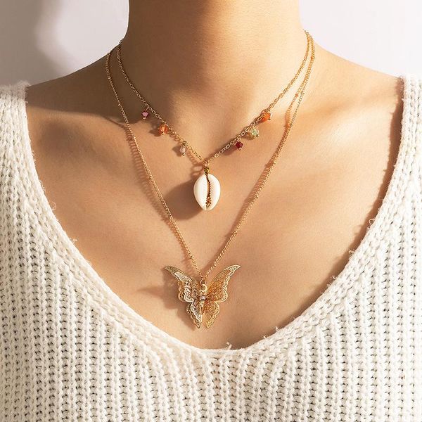 

chains tocona pretty big butterfly pendant neckalce for women bohemian shell multi-layer bead chian choker jewelry collar 17982, Silver