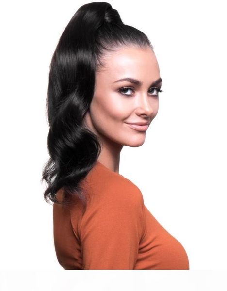 

wavy ponytail clip in human hair 16inch 1pcs wraps around body wave drawstring ponytail hairpiece 120g ing, Black