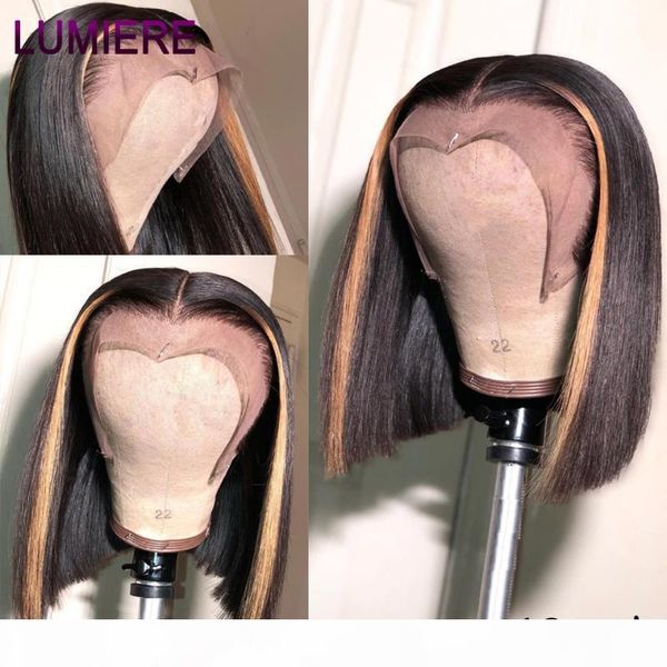 

13x4 lace front human hair wigs for women #27 highlight wig brazilian remy honey blonde ombre short bob lace front wigs 150%, Black;brown