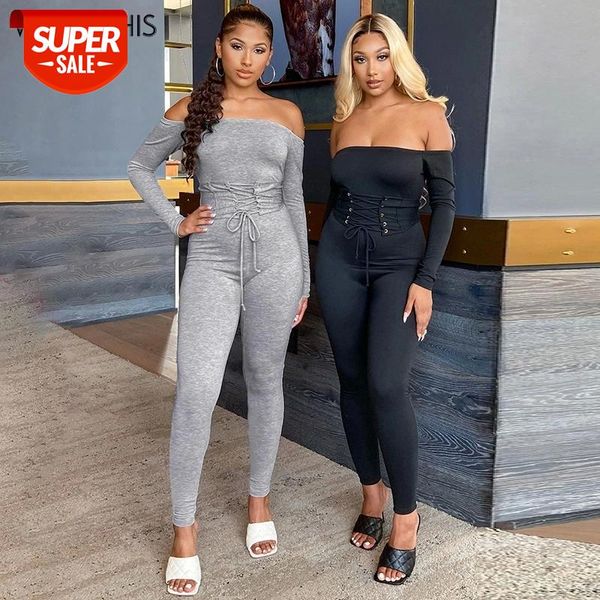 

WannaThis Sexy Slash Neck Long Sleeve Jumpsuit Woman Sashes Bandage Off Shoulder Rompers Autumn Casual Slim Bodycon Streetwear #Gx4B, White