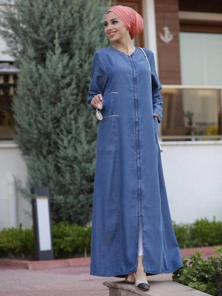 

ethnic clothing turkey muslim blue denim dress women zipper up pocket open stitch cardigan abaya jilbab islamic vestido moroccan kaftan, Red