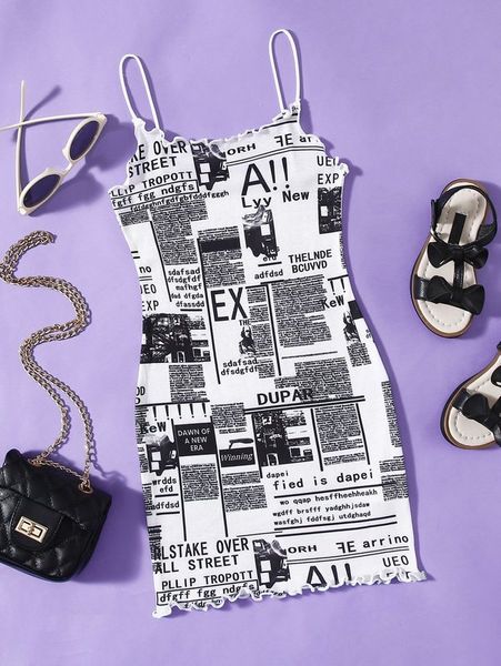 

girls newspaper print lettuce trim cami dress she, Red;yellow