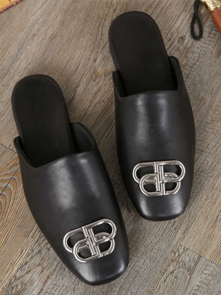 

large 2021 summer slides men leather trend lazy wear slippers, Black