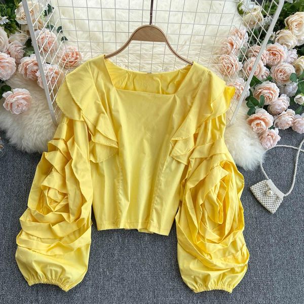 

women's blouses & shirts 2021 fashion spring hedging blouse female puff sleeve slim short wild blusa temperament square collar shirt 34, White