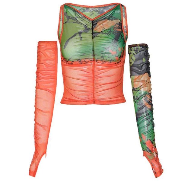 

women's tanks & camis women sleeveless mesh crop with long gloves color block tie-dye ruched vest d0lf, White