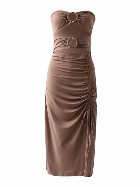

casual dresses 2021 summer drawstring wrap chest strap split women sleeveless solid dress evening clubwear skinny midi, Black;gray