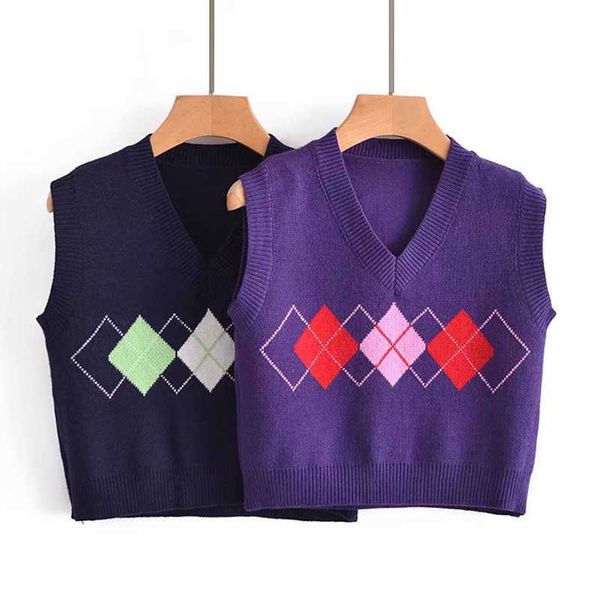 

vest sweater fashion british diamond lattice women pullover young students elegant street vest 210601, Black;white