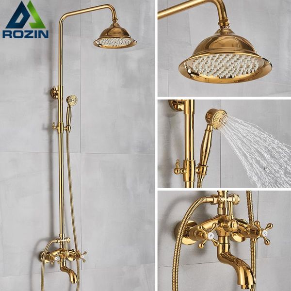 Badezimmer-Duschsets Rozin Gold Wasserhahn-Set Wandmontiertes Messing mit Wannenauslauf und Kaltwasser-Doppelgriff-Mischbatterie