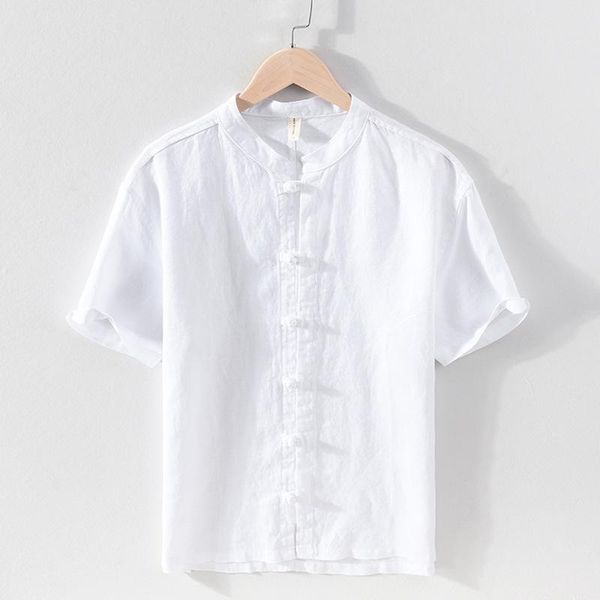 

men's casual shirts 2021 linen retro chinese knot button shirt youth stand-up collar 3/4 sleeve summer, White;black