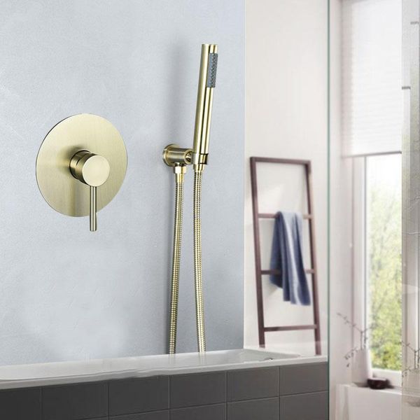 

brushed gold concealed install shower wall mounted shower faucet sets stainless steel rain head cold and mixer tap