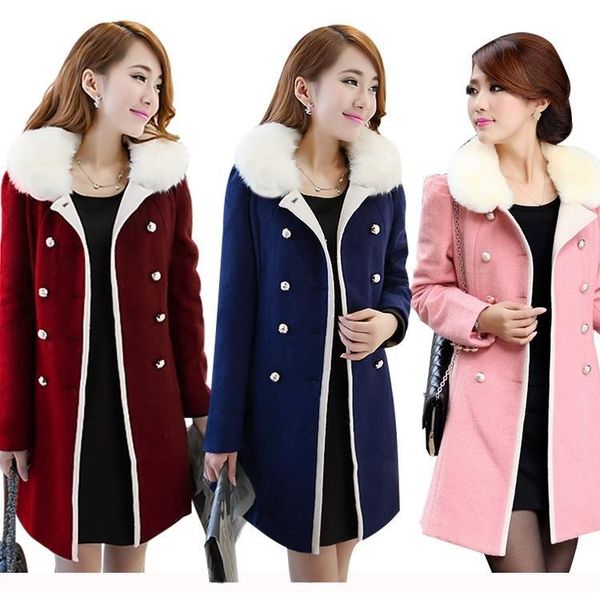 

women's wool & blends fashion fur collar long femme autumn tide large winter coat chaqueta mujer female overcoat parkas, Black