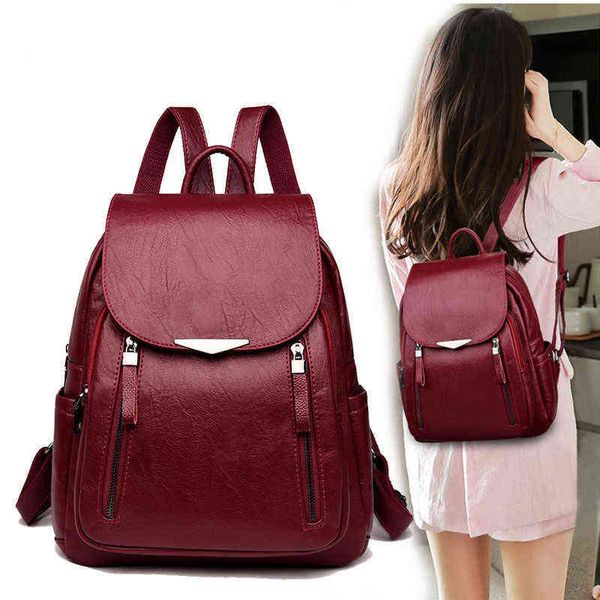 

casual backpack female brand leather women's backpack large capacity school bag for girls double zipper fashion shoulder bags y1105