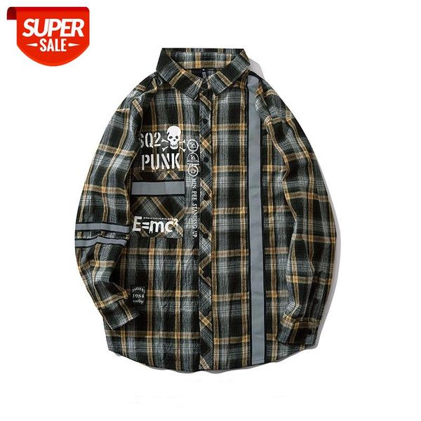 

seveyfan 2021 men's long sleeve plaid shirt national tide print skull reflective shirt jacket #qt8h, White;black