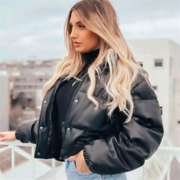 

winter parka coat women's jacket thick warm fashion black pu leather coats elegant zipper faux jackets 210927