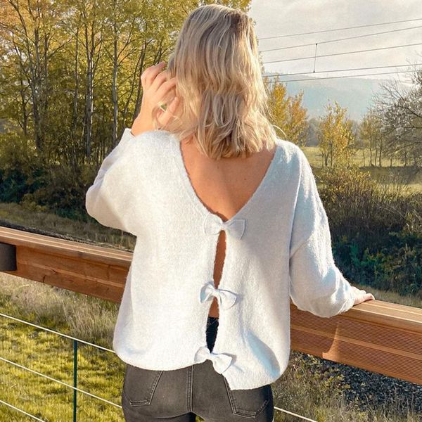 

2021 new heloise backless jumper women autumn winter long sleeve mohair warm knitted elegant vintage sweater qlg3, White;black