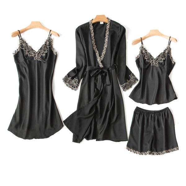

2021 women pajamas set satin pyjama lace pijama mujer lingerie elegant nightwear silk 4 pieces flower print sleepwear, Black;red