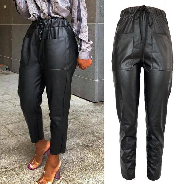 

women's pants & capris women black high waist skinny woman pu leather long trousers females front pocket clubwear drawstring pant, Black;white