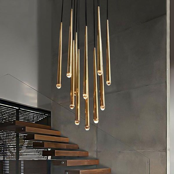 

pendant lamps light luxury staircase chandelier all copper post-modern large apartment living room duplex corridor long