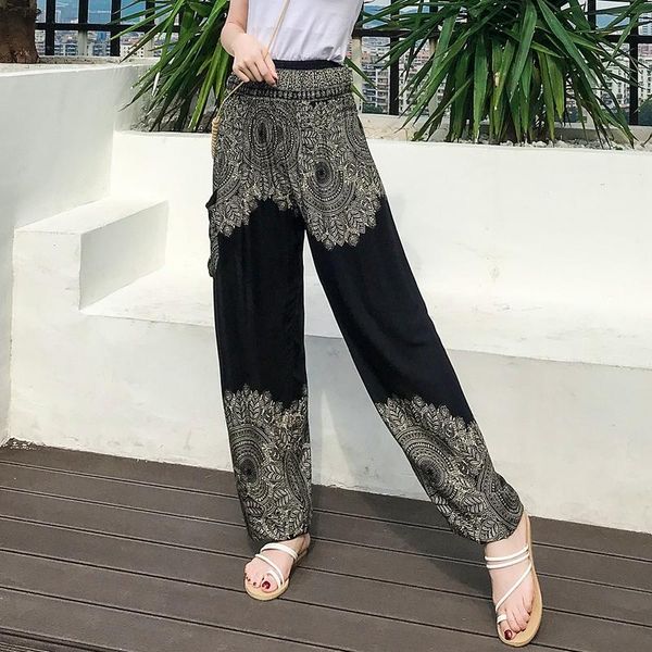 

women's pants & capris thailand beach vacation bloomers wide leg women loose summer cotton silk holiday, Black;white