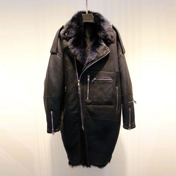 

women's fur & faux jazzevar sheepskin winter coat high fashion street women real double faced goat parka female leather with jackets, Black