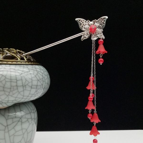 

vintage china ethnic butterfly hair sticks flower pendant tassel for women bridal wedding party hair jewelry accessori jllfaq, Silver