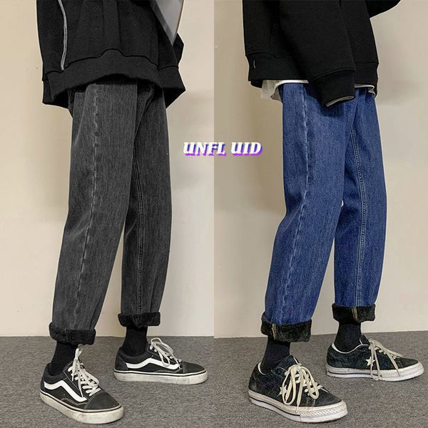 

new 2021 men's oversize thicken warm women's fashion straight denim pants winter korean streetwear jeans cffa, Blue