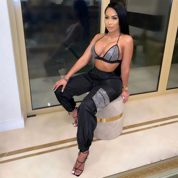 

crystal embellished crop jogger suit matching sets women costume plus size two piece set club outfits d12de38, White